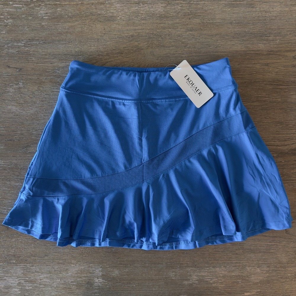 ☀️ NEW Ekouaer women's high-waist flounce yoga tennis skort-blue-Size S-NWT